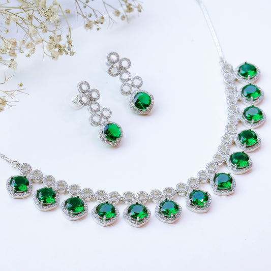 Classic Silver Tone Green American Diamond Studded Set For Women