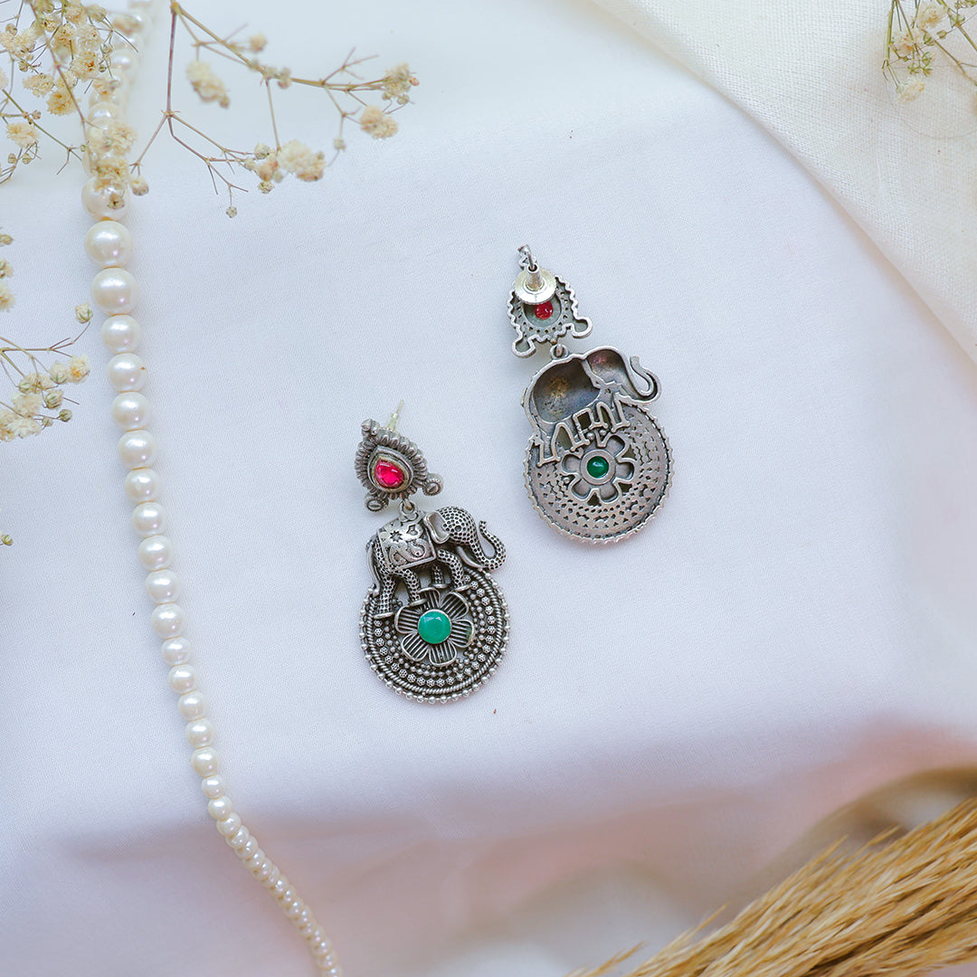 Antique Elephant Motif Oxidized Silver Earrings