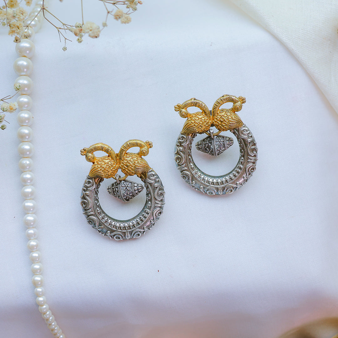 Dual Peacock Oxidized Silver-Gold Temple Earring