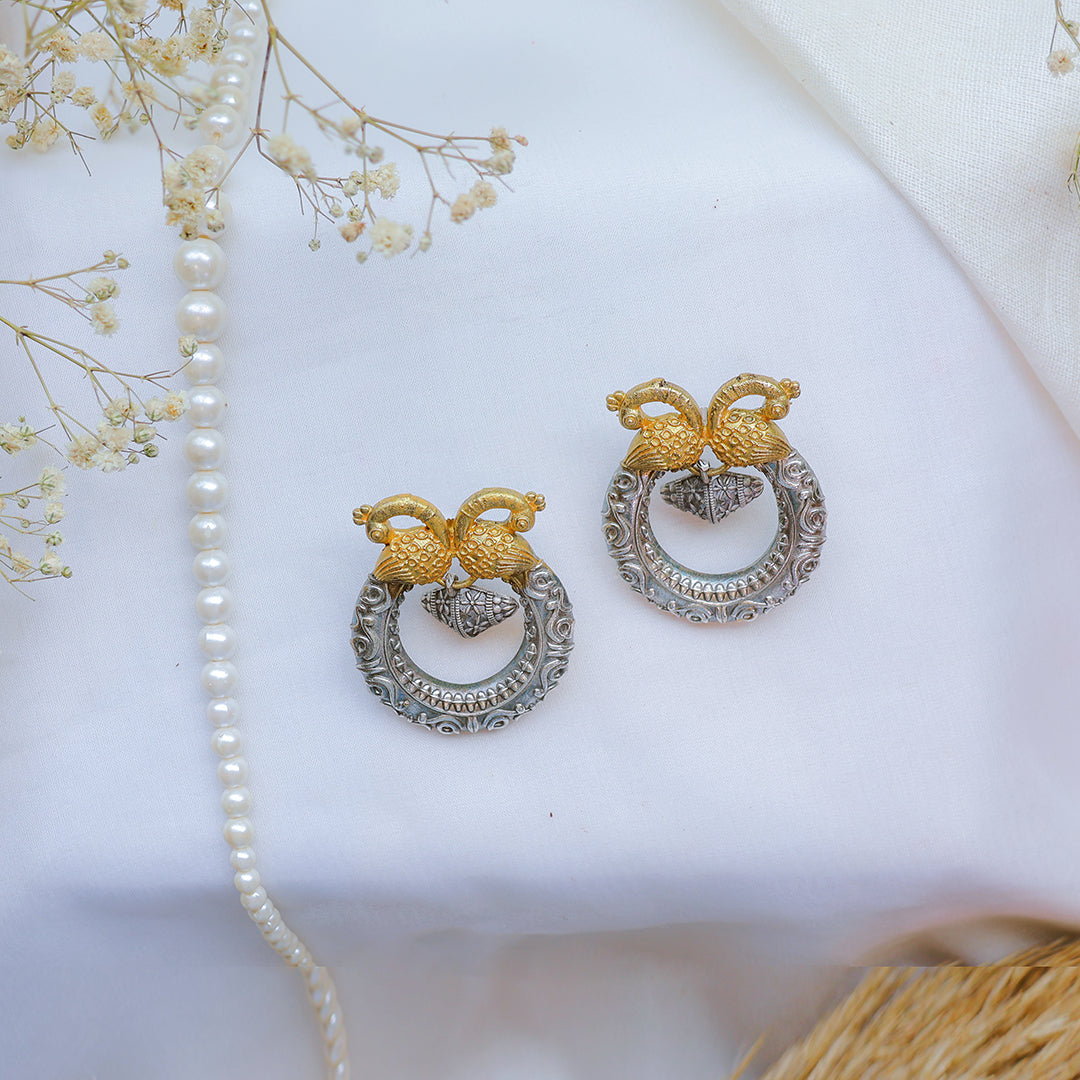 Dual Peacock Oxidized Silver-Gold Temple Earring