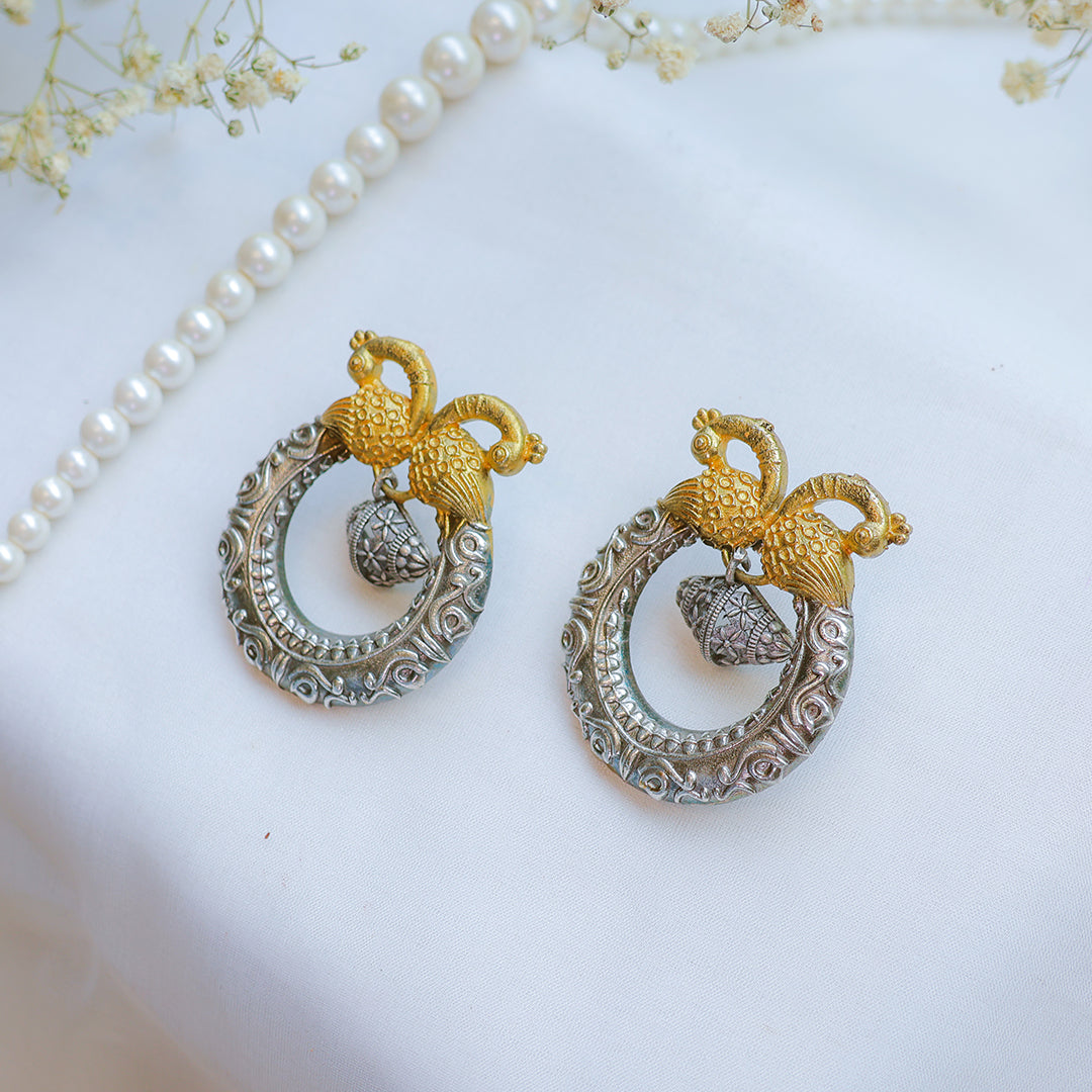 Dual Peacock Oxidized Silver-Gold Temple Earring