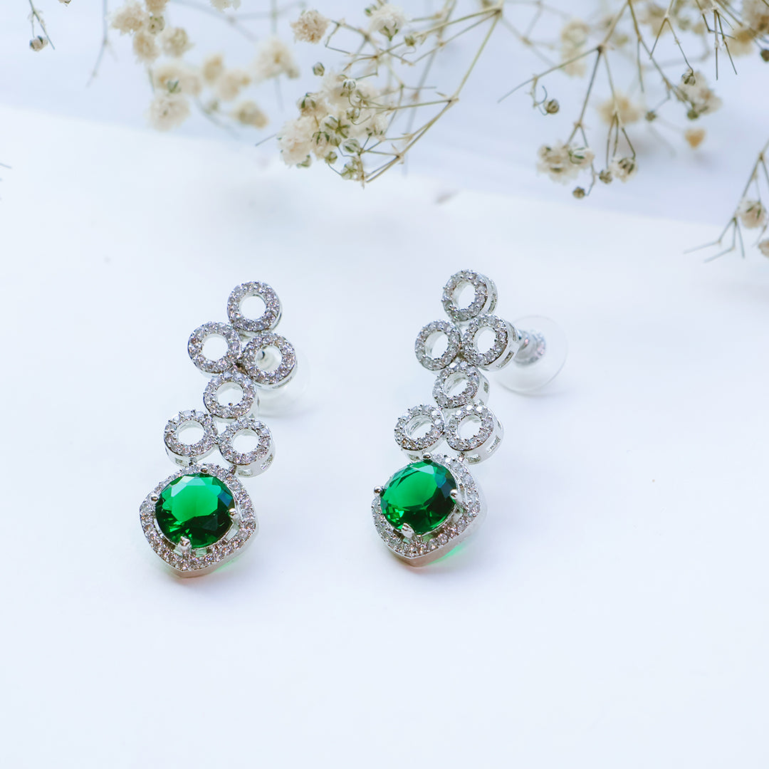 Classic Silver Tone Green American Diamond Studded Set For Women