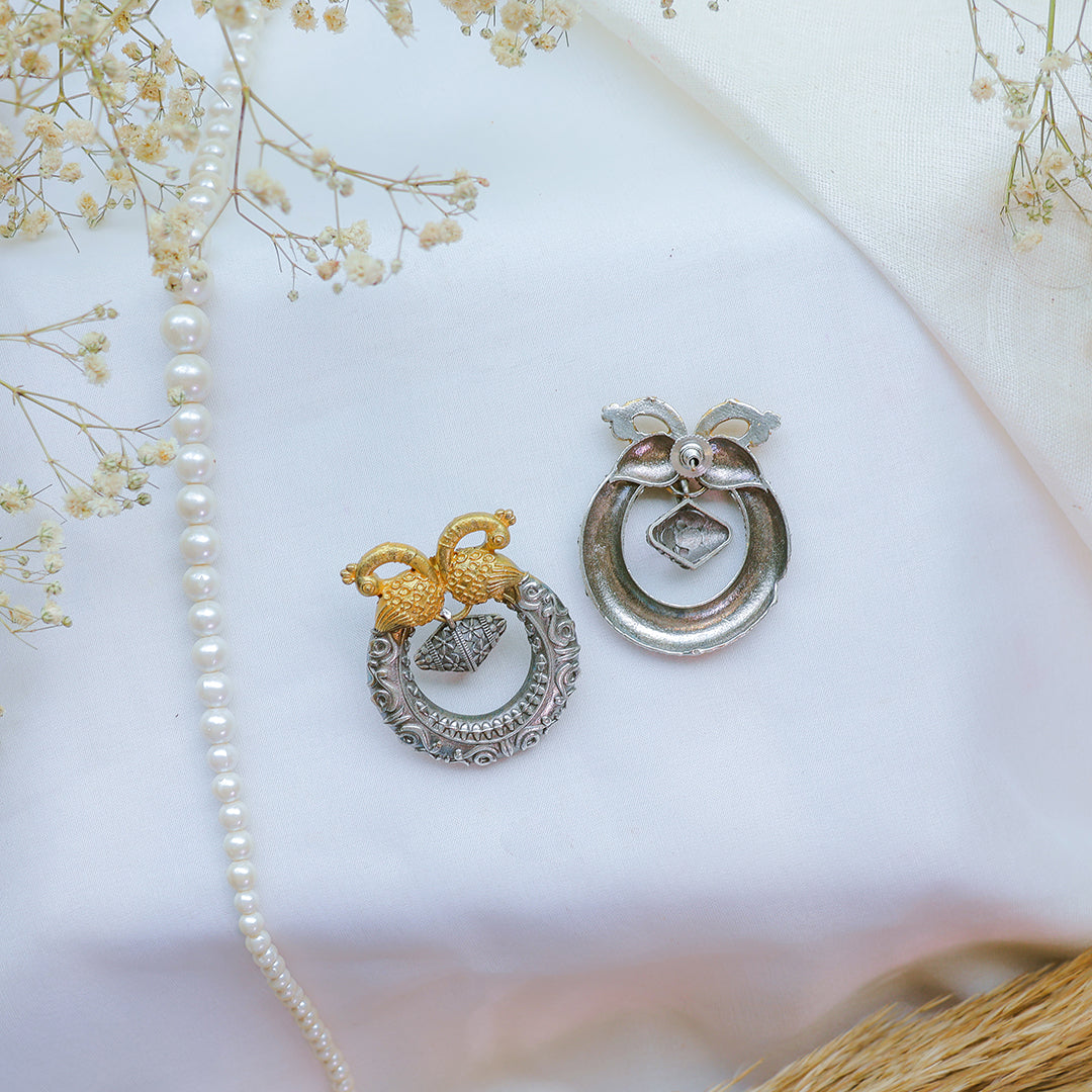 Dual Peacock Oxidized Silver-Gold Temple Earring