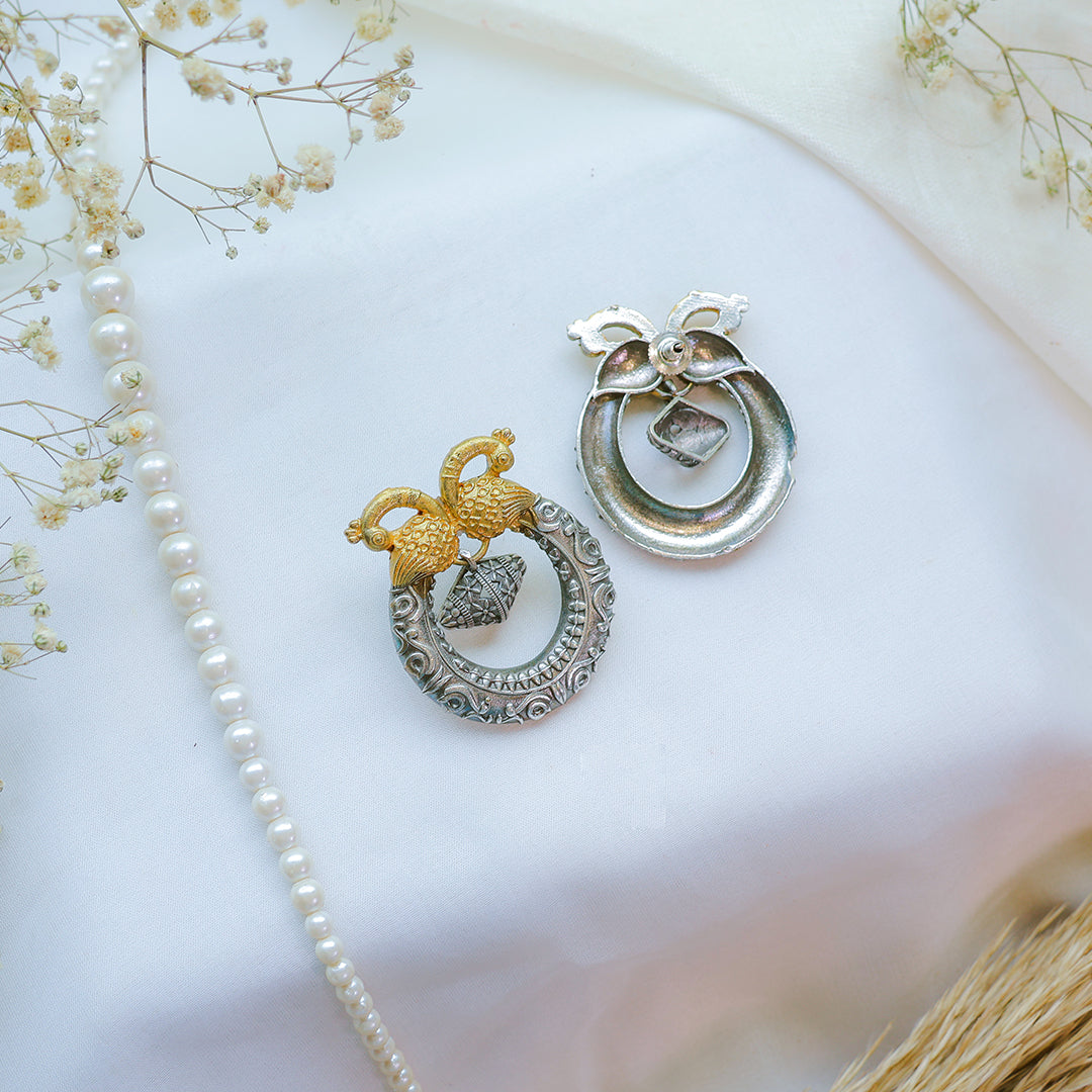 Dual Peacock Oxidized Silver-Gold Temple Earring