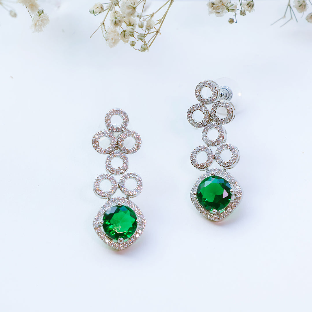 Classic Silver Tone Green American Diamond Studded Set For Women