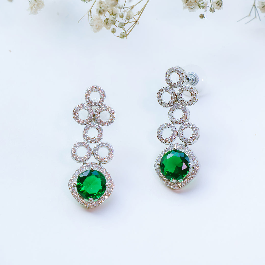 Classic Silver Tone Green American Diamond Studded Set For Women