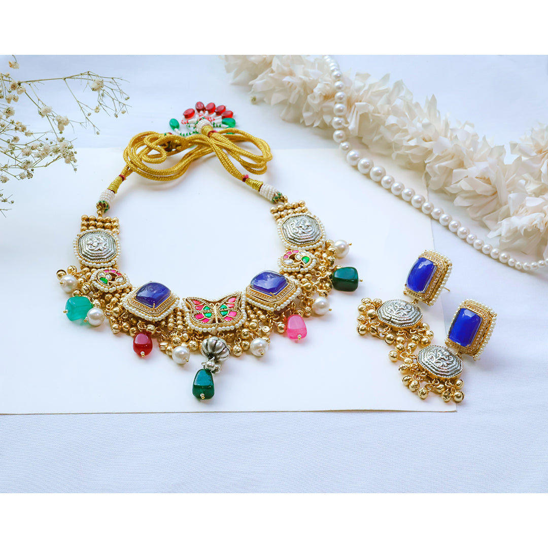 Handmade Multicolor Kundan Necklace Set with Butterfly Motif & Antique Coins – Festive Statement Jewellery