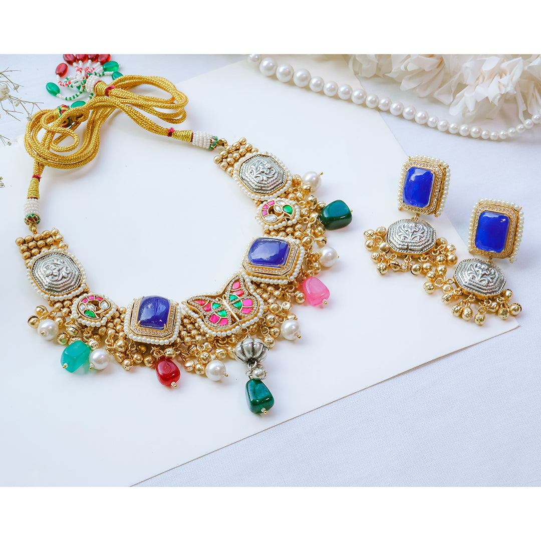 Handmade Multicolor Kundan Necklace Set with Butterfly Motif & Antique Coins – Festive Statement Jewellery