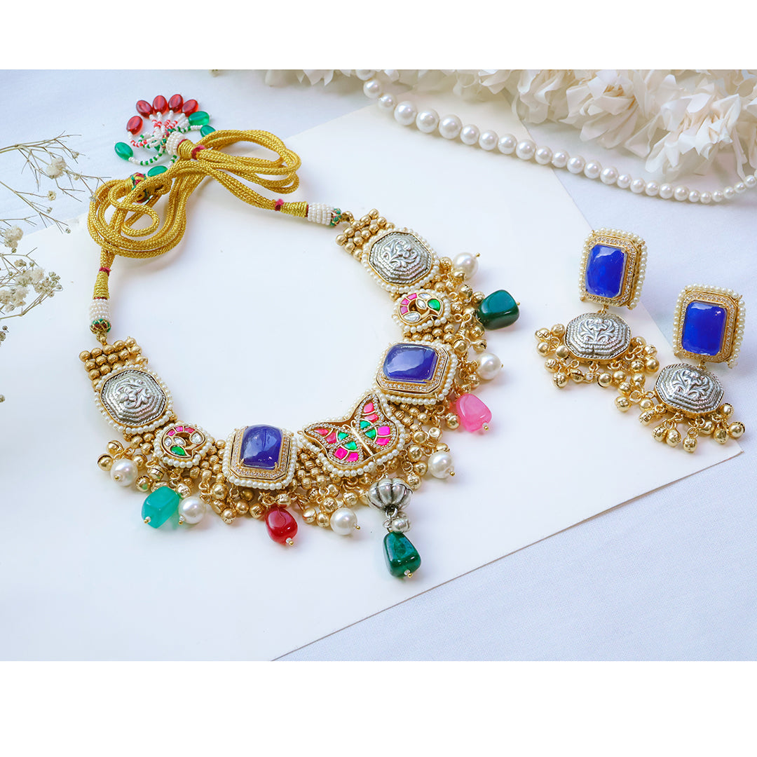 Handmade Multicolor Kundan Necklace Set with Butterfly Motif & Antique Coins – Festive Statement Jewellery