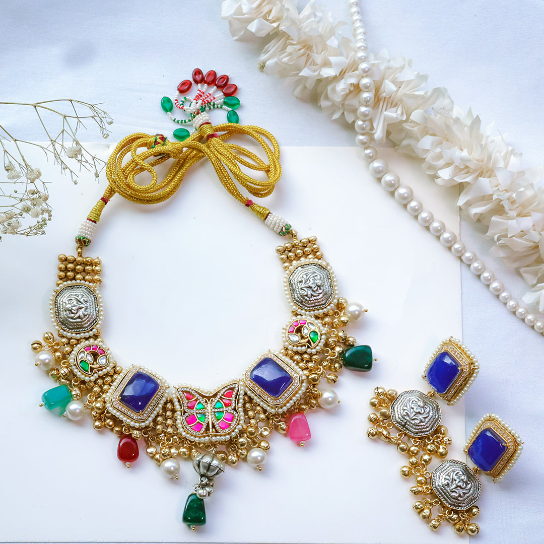 Handmade Multicolor Kundan Necklace Set with Butterfly Motif & Antique Coins – Festive Statement Jewellery