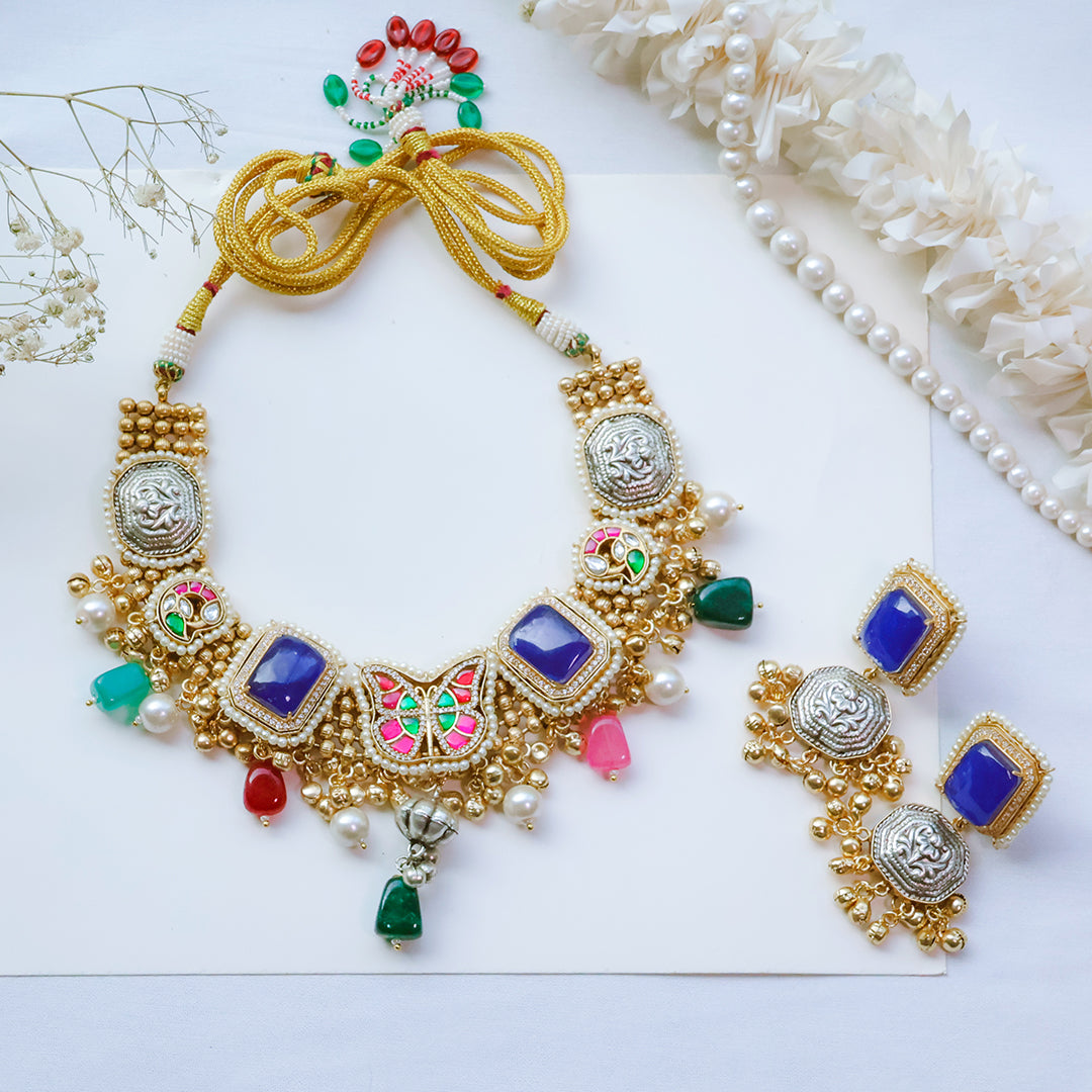Handmade Multicolor Kundan Necklace Set with Butterfly Motif & Antique Coins – Festive Statement Jewellery