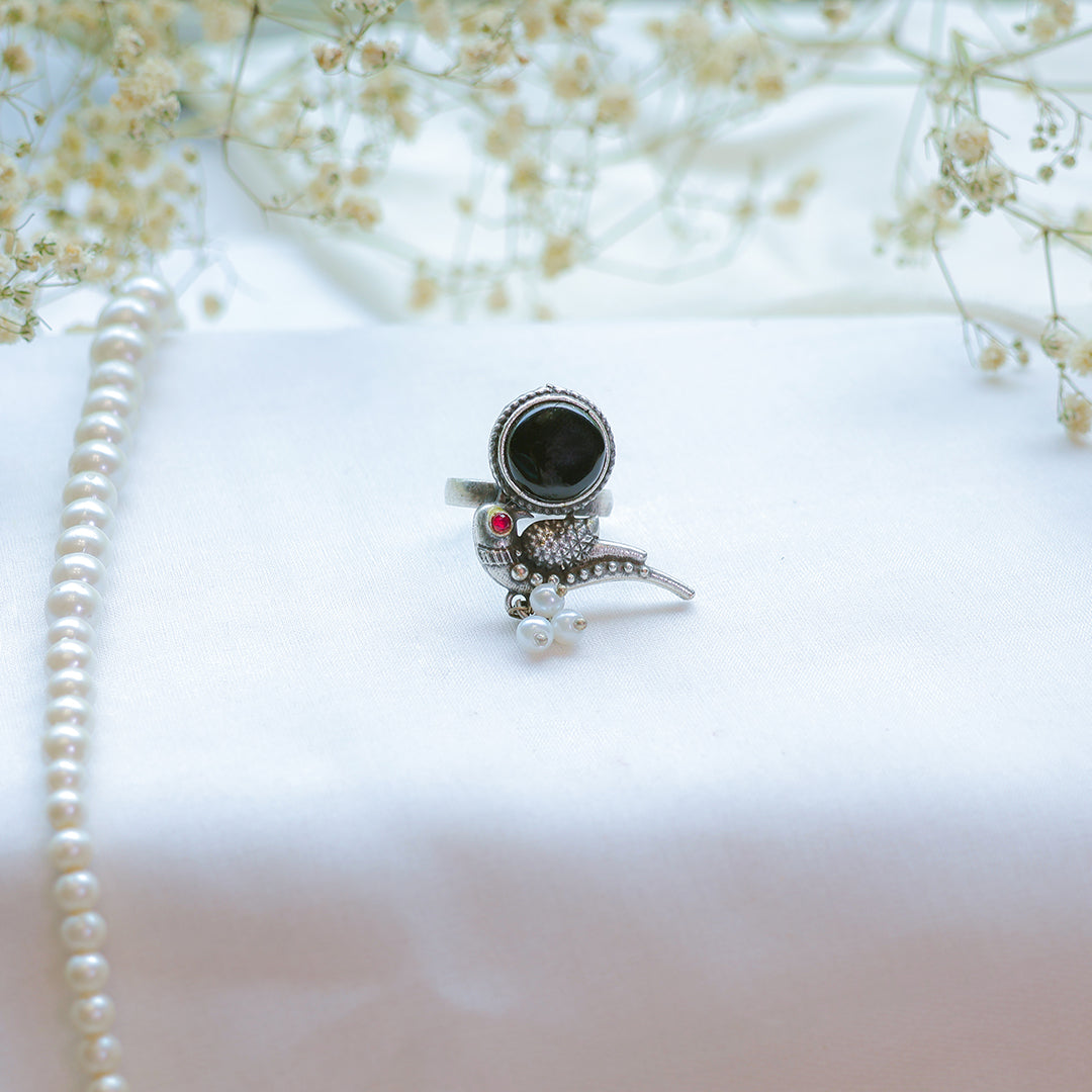Oxidized Parrot Ring with Black Stone and Pearl Drops