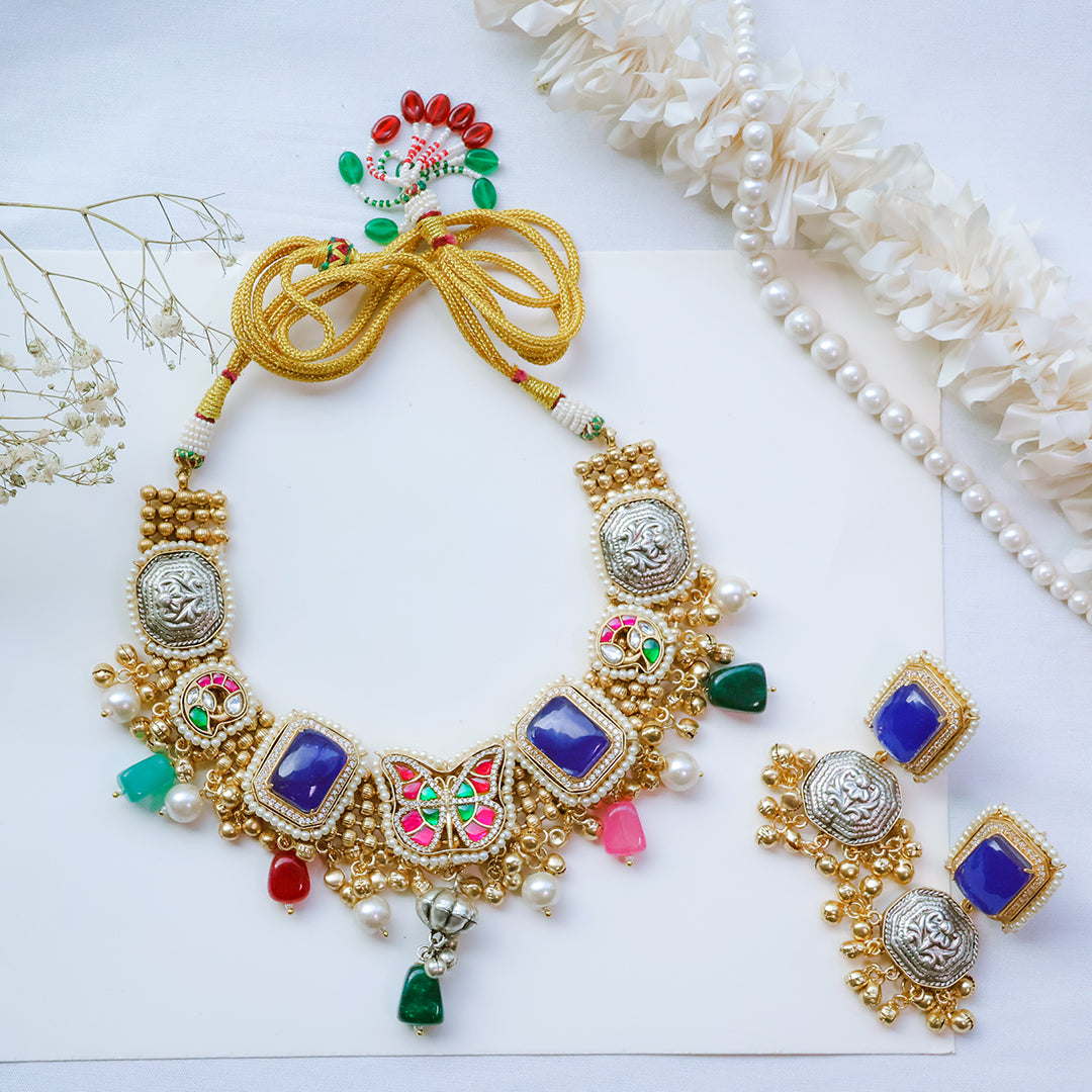 Handmade Multicolor Kundan Necklace Set with Butterfly Motif & Antique Coins – Festive Statement Jewellery