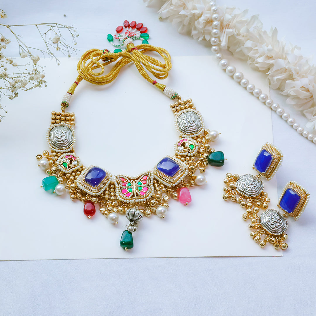 Handmade Multicolor Kundan Necklace Set with Butterfly Motif & Antique Coins – Festive Statement Jewellery