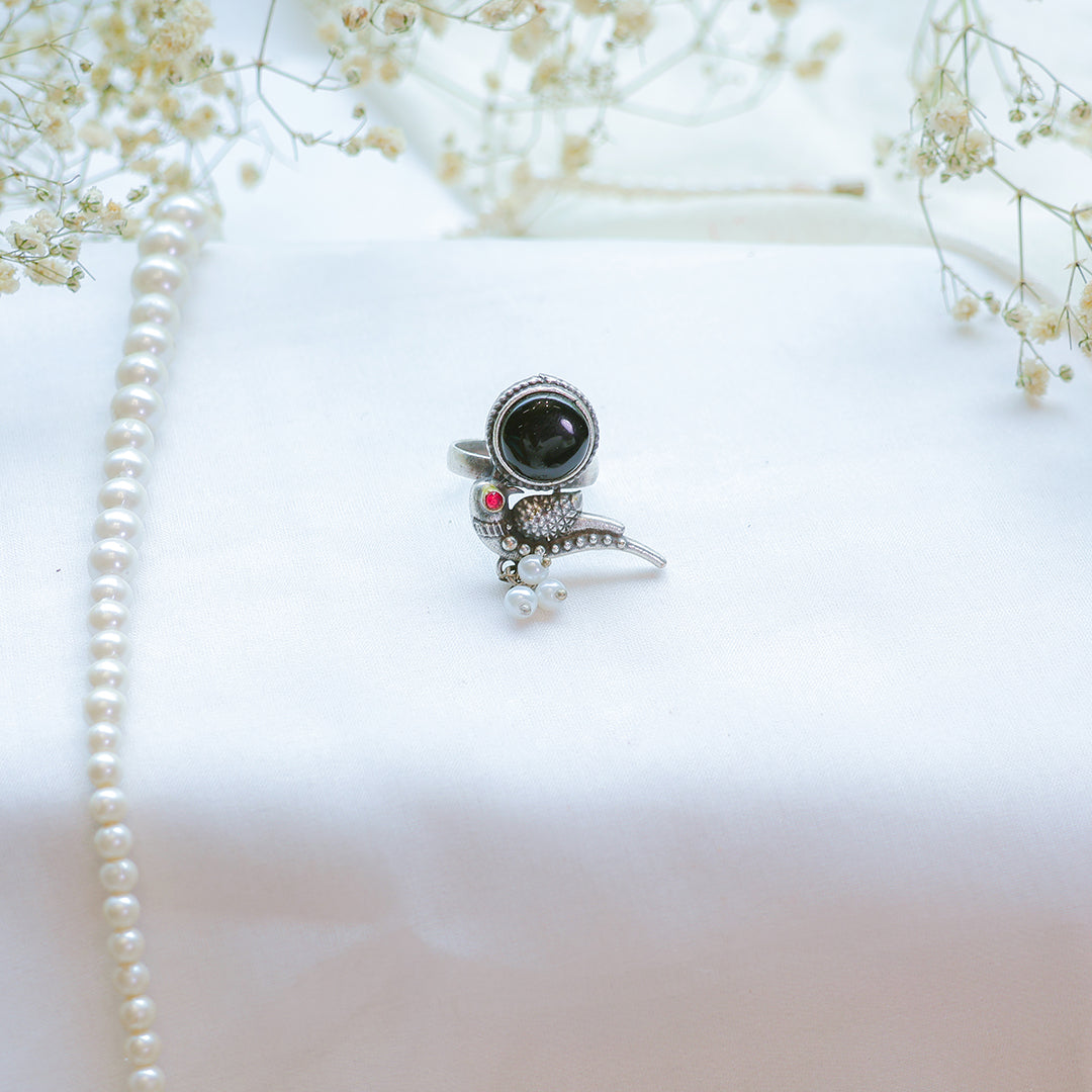 Oxidized Parrot Ring with Black Stone and Pearl Drops