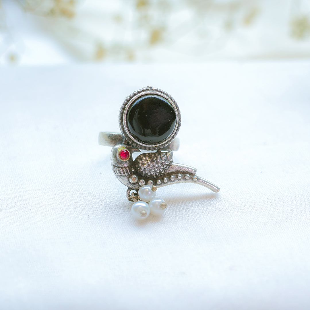 Oxidized Parrot Ring with Black Stone and Pearl Drops