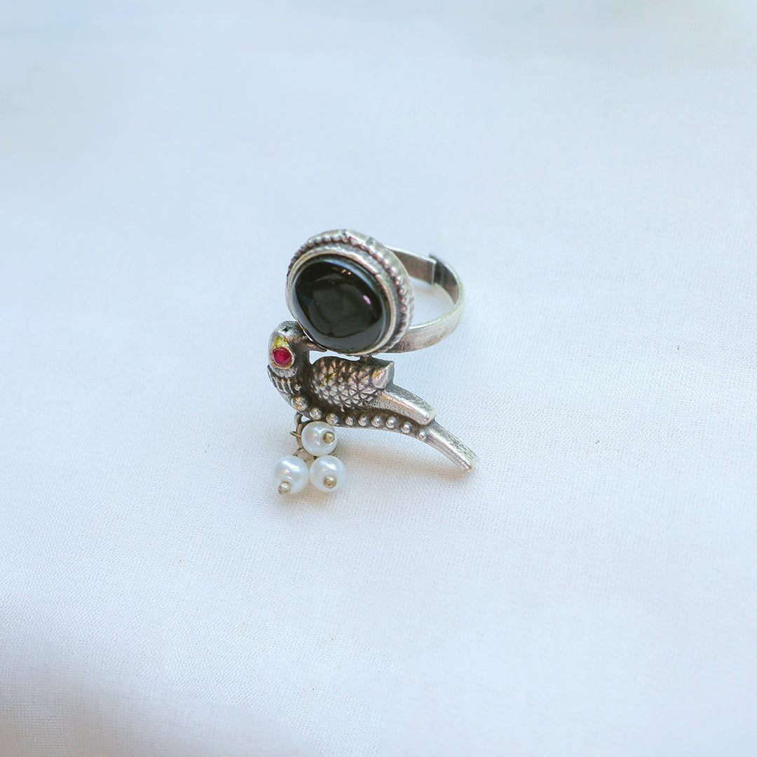 Oxidized Parrot Ring with Black Stone and Pearl Drops