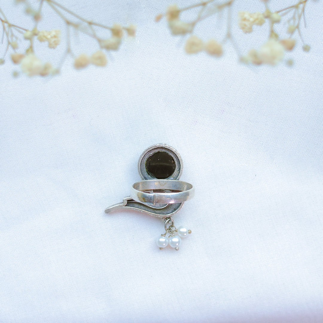 Oxidized Parrot Ring with Black Stone and Pearl Drops