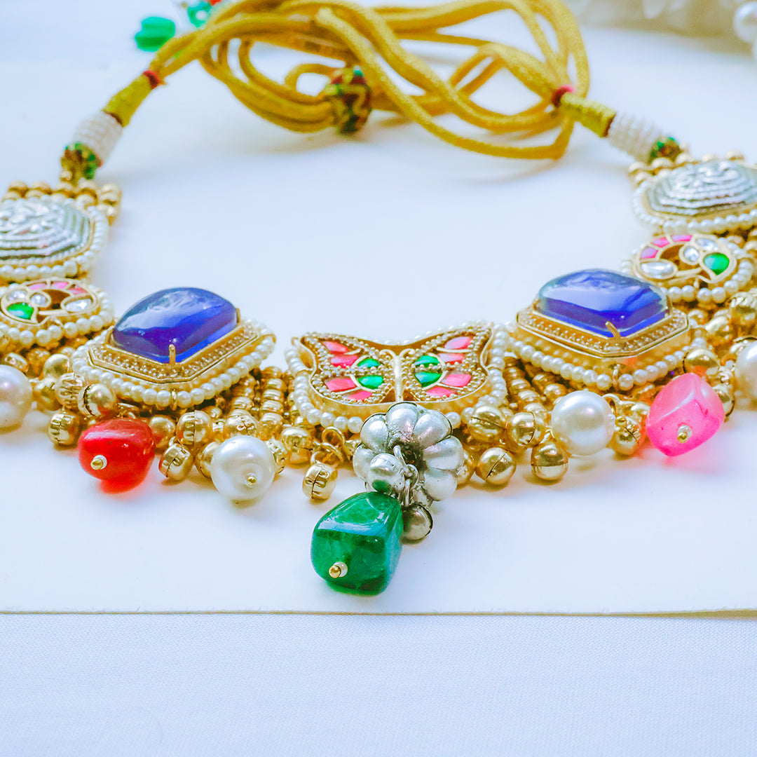 Handmade Multicolor Kundan Necklace Set with Butterfly Motif & Antique Coins – Festive Statement Jewellery