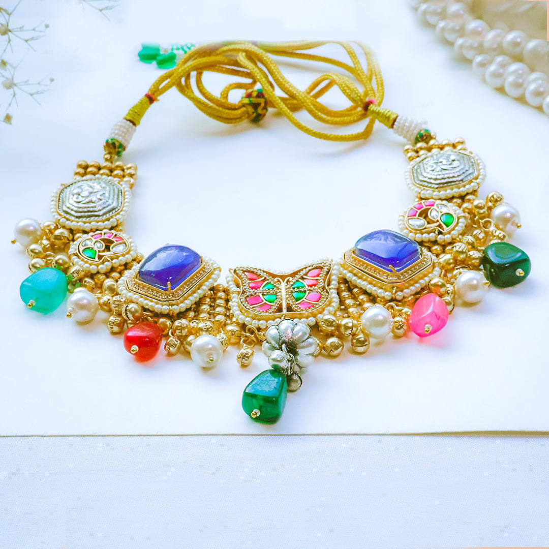 Handmade Multicolor Kundan Necklace Set with Butterfly Motif & Antique Coins – Festive Statement Jewellery