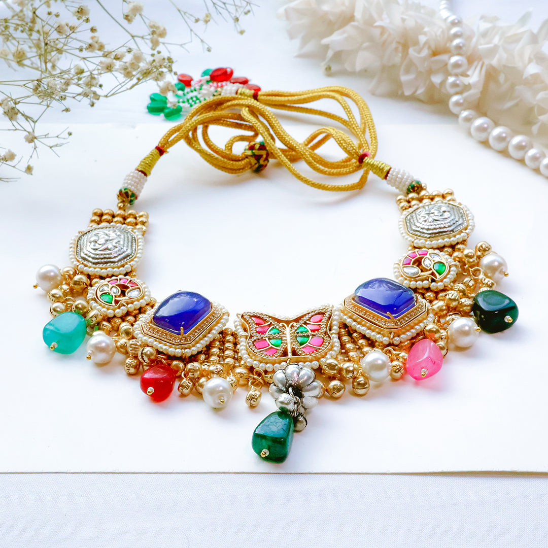 Handmade Multicolor Kundan Necklace Set with Butterfly Motif & Antique Coins – Festive Statement Jewellery