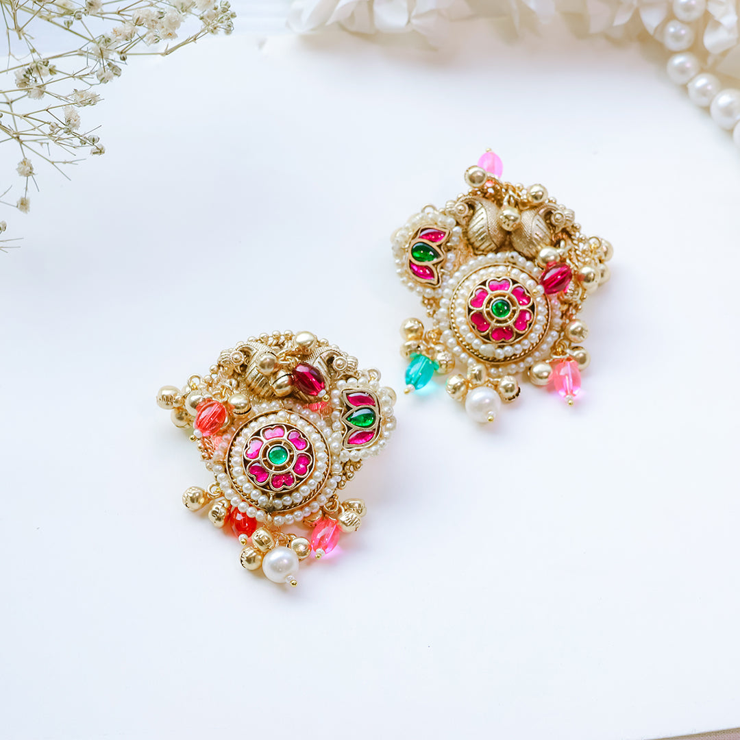 Handcrafted Multicolor Kundan Stud Earrings with Pearl Drops – Ethnic Festive Jewelry