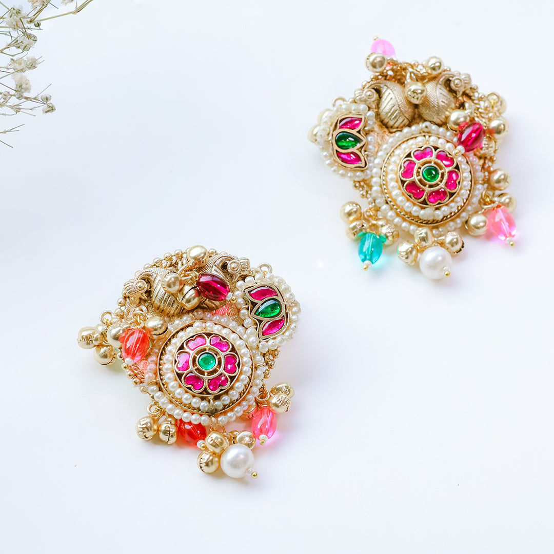 Handcrafted Multicolor Kundan Stud Earrings with Pearl Drops – Ethnic Festive Jewelry