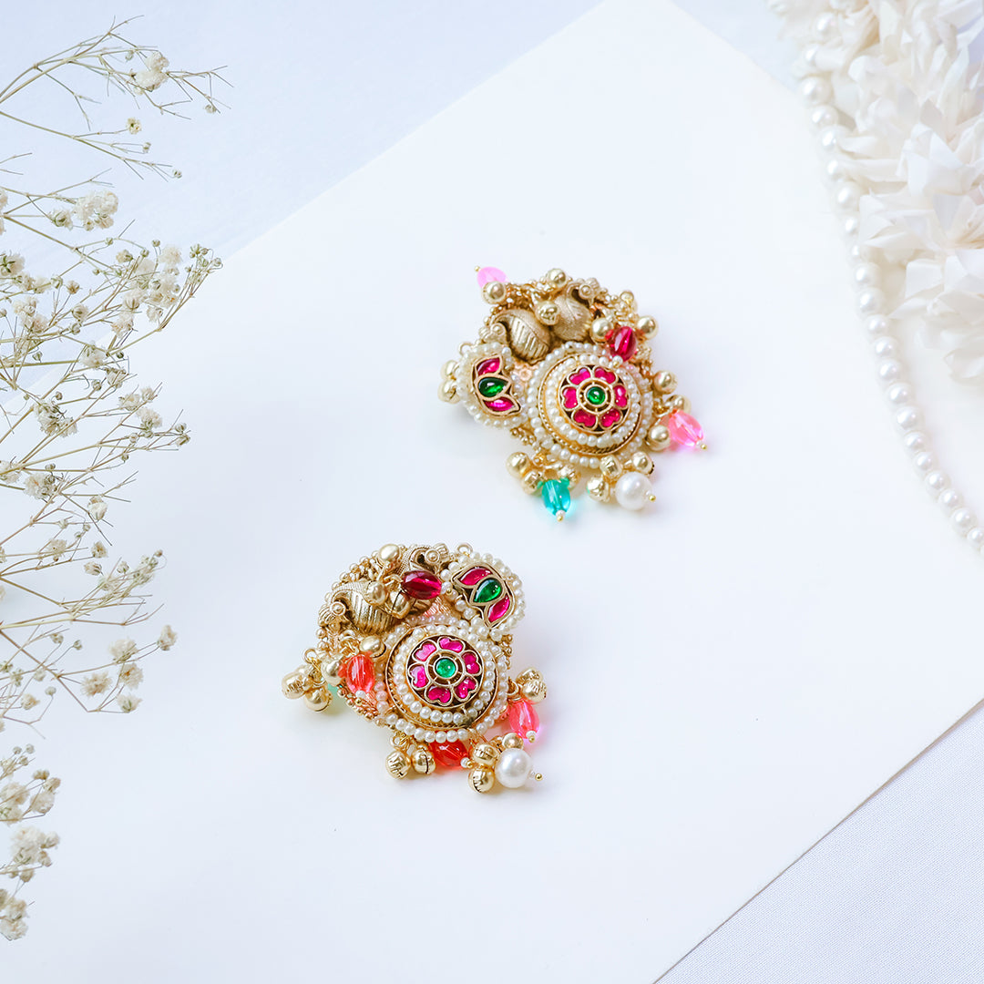 Handcrafted Multicolor Kundan Stud Earrings with Pearl Drops – Ethnic Festive Jewelry