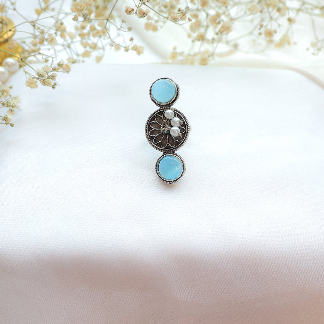 Oxidized double Stone Ring with Sky Blue Accents and Pearls