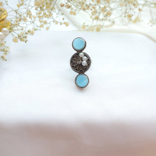 Oxidized double Stone Ring with Sky Blue Accents and Pearls