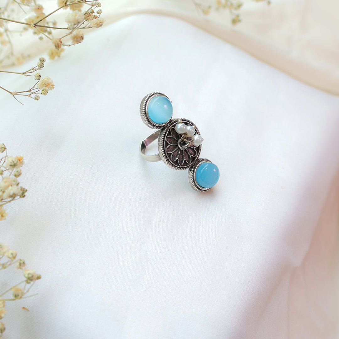 Oxidized double Stone Ring with Sky Blue Accents and Pearls