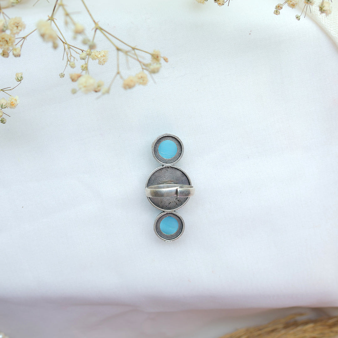 Oxidized double Stone Ring with Sky Blue Accents and Pearls