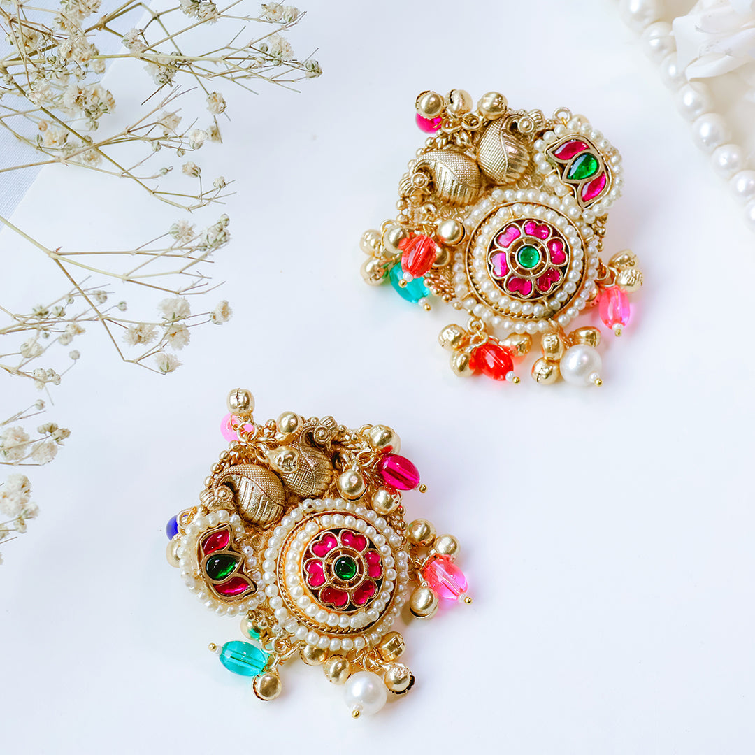 Handcrafted Multicolor Kundan Stud Earrings with Pearl Drops – Ethnic Festive Jewelry