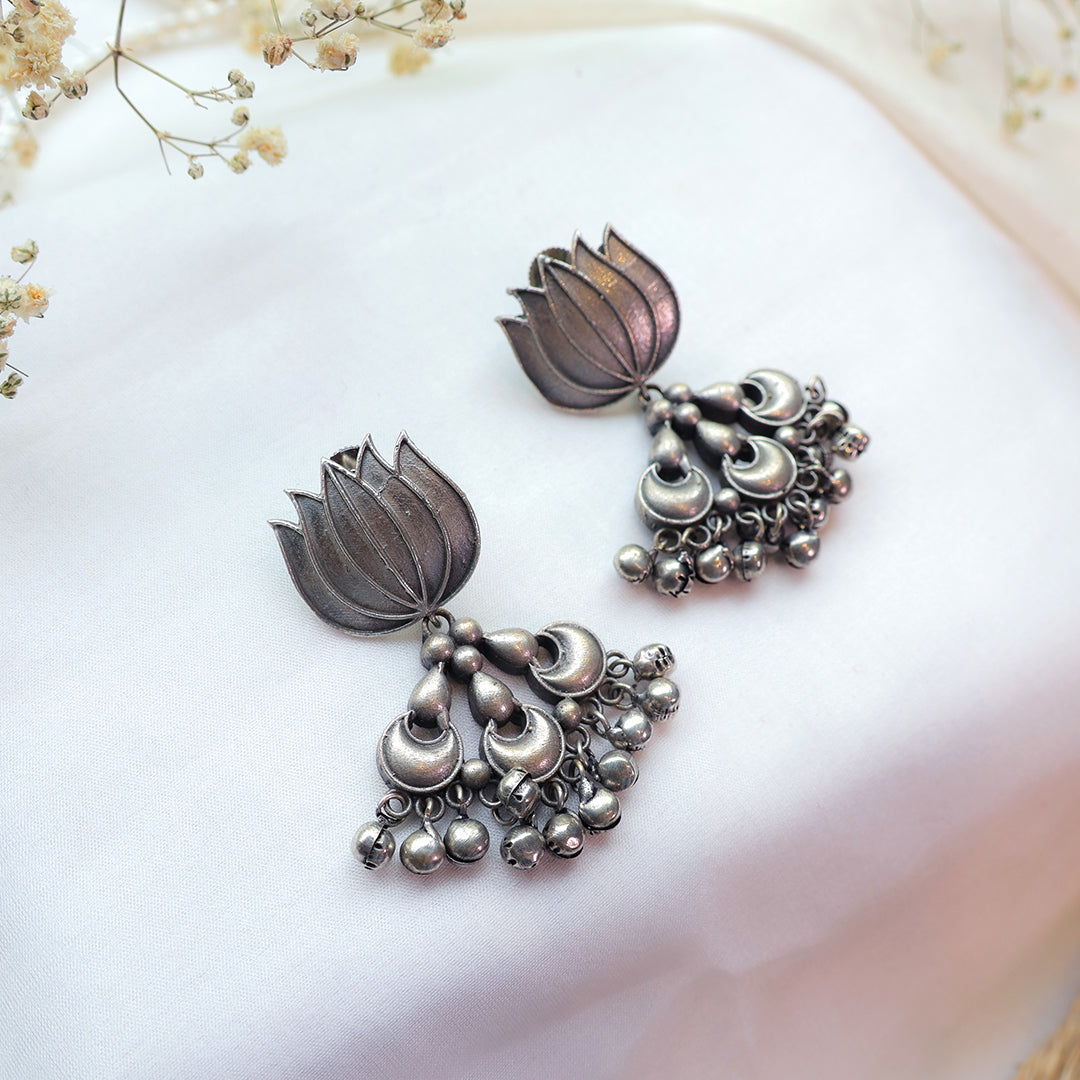 Oxidized Silver Lotus Drop Earrings