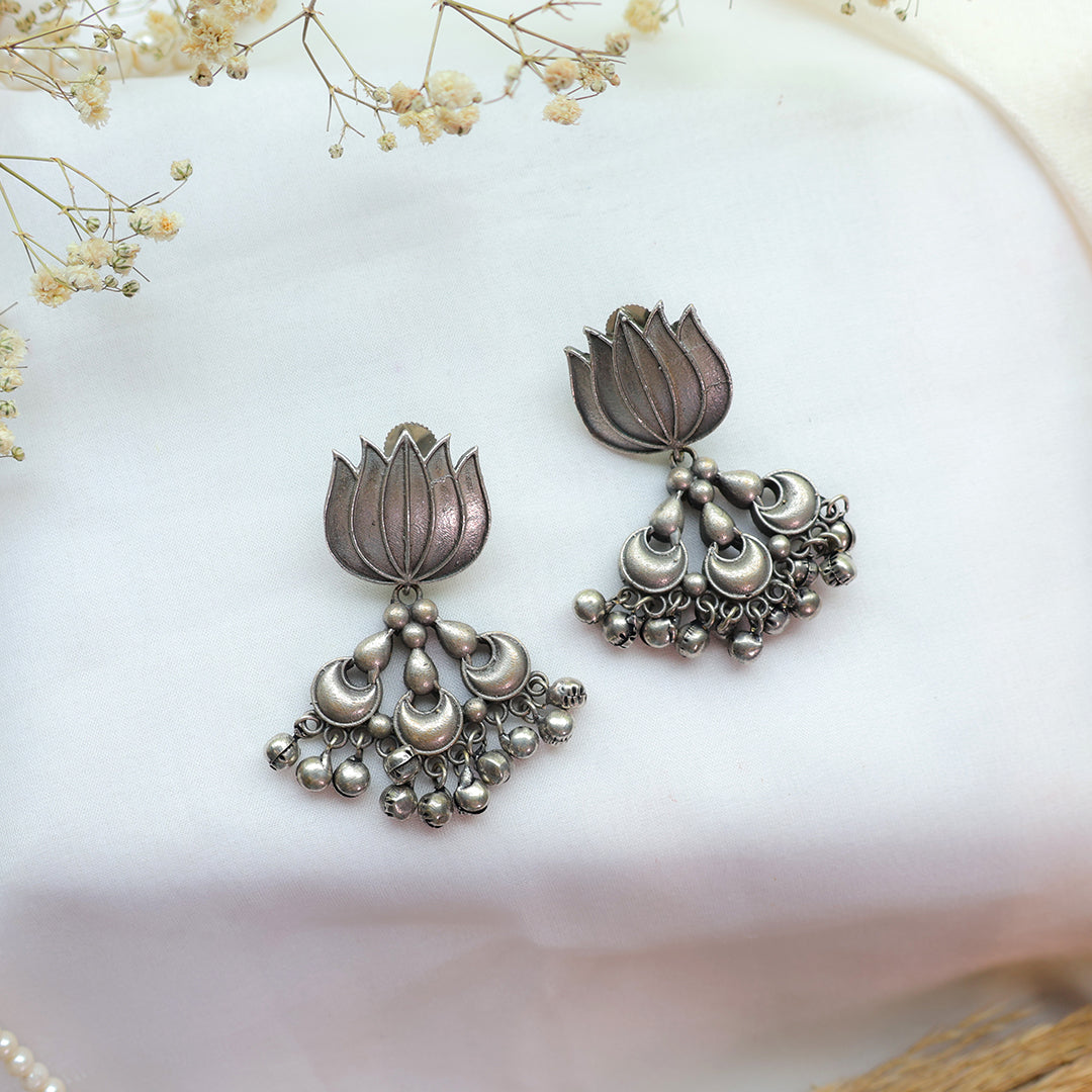 Oxidized Silver Lotus Drop Earrings