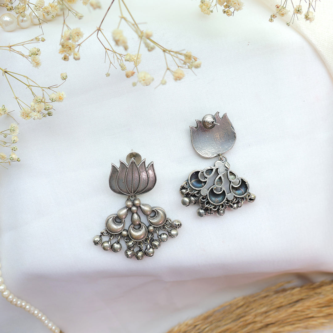 Oxidized Silver Lotus Drop Earrings