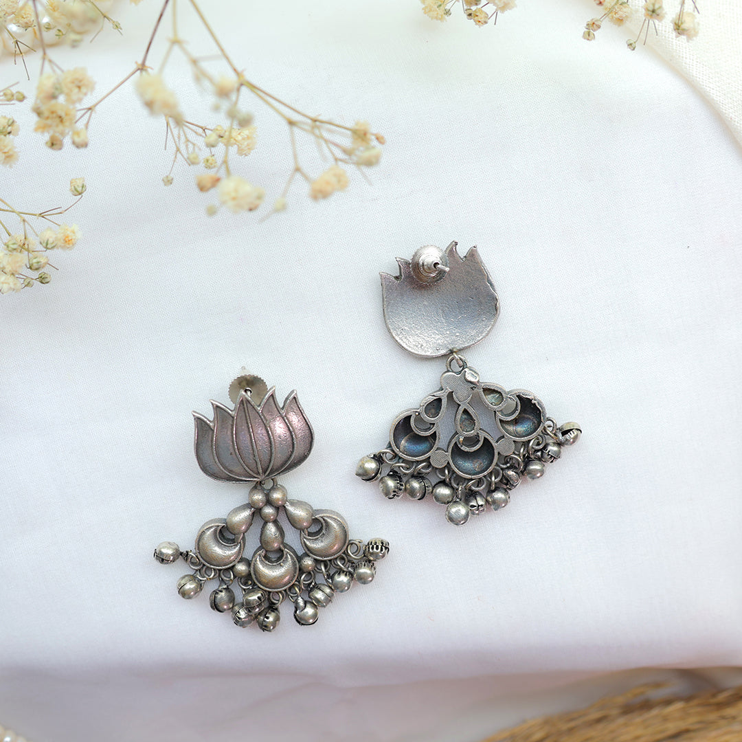 Oxidized Silver Lotus Drop Earrings
