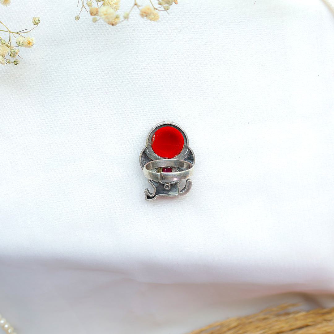 Oxidized Horse Motif Ring with Red Stone