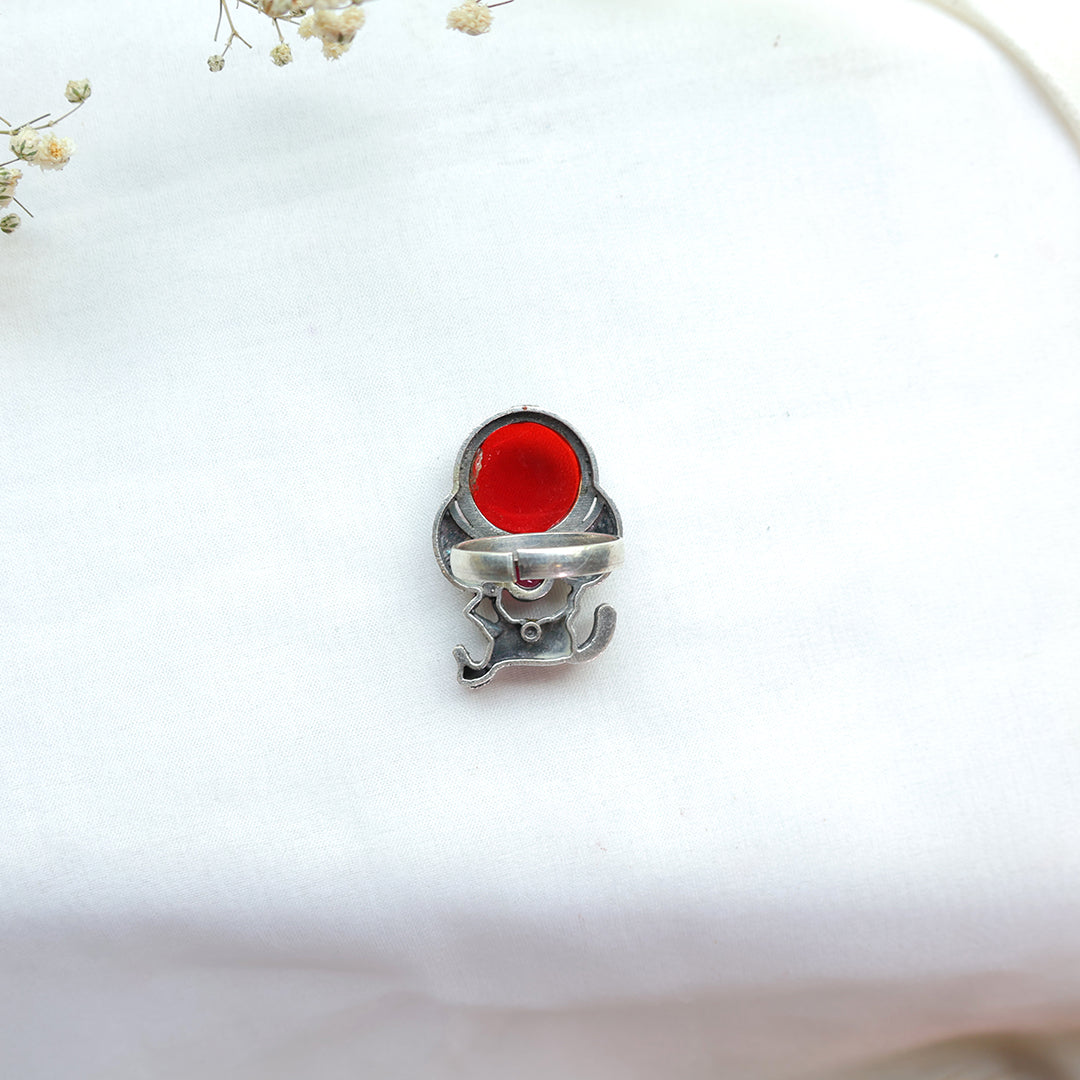 Oxidized Horse Motif Ring with Red Stone