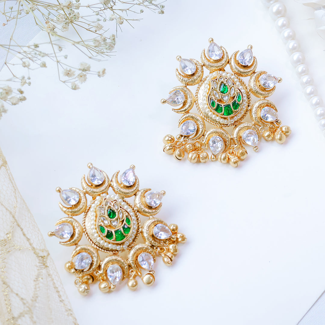 Gold-Plated Kundan Stud Earrings with Green Lotus Motif and Mirror Polki Stones – Ethnic Festive Jewelry