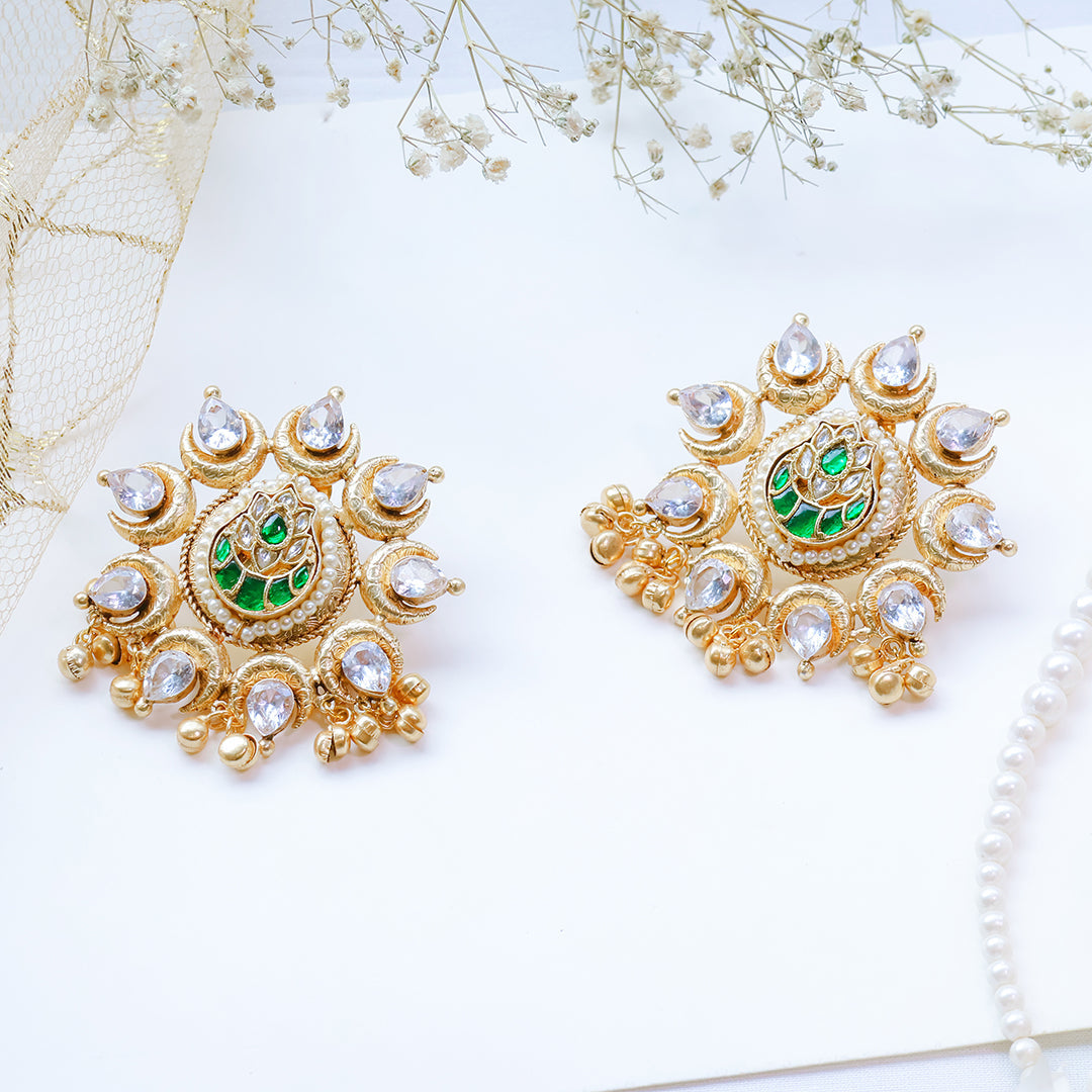 Gold-Plated Kundan Stud Earrings with Green Lotus Motif and Mirror Polki Stones – Ethnic Festive Jewelry