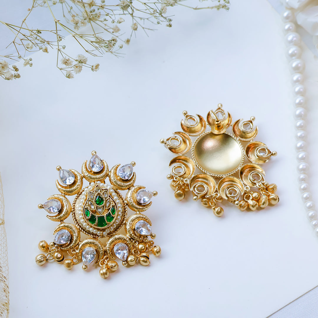 Gold-Plated Kundan Stud Earrings with Green Lotus Motif and Mirror Polki Stones – Ethnic Festive Jewelry