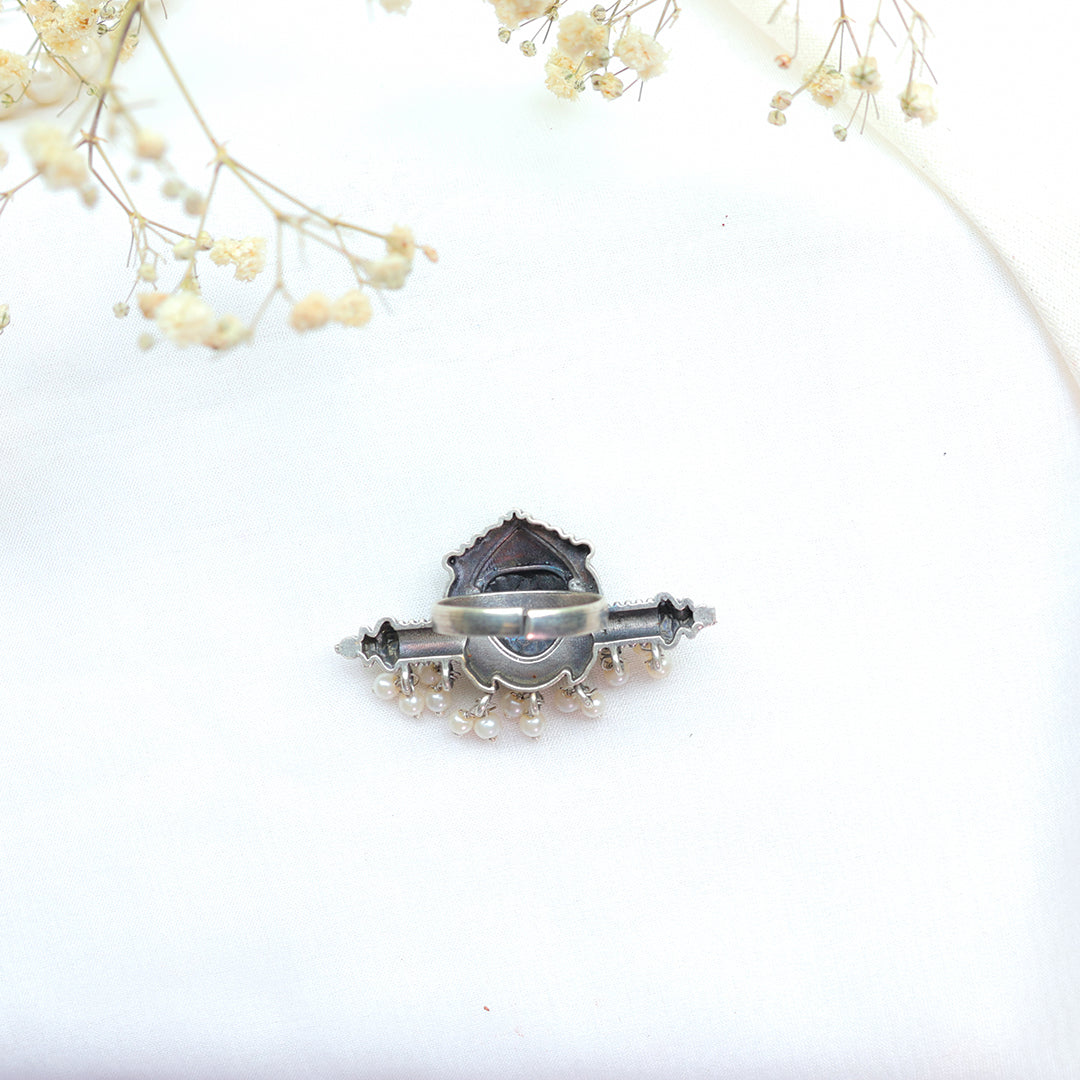 Oxidized Tribal Goddess Ring with Pearl Droplets – Statement Boho Jewellery