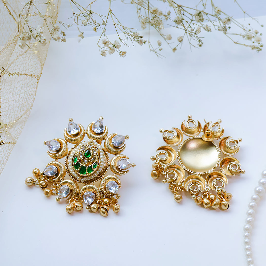 Gold-Plated Kundan Stud Earrings with Green Lotus Motif and Mirror Polki Stones – Ethnic Festive Jewelry