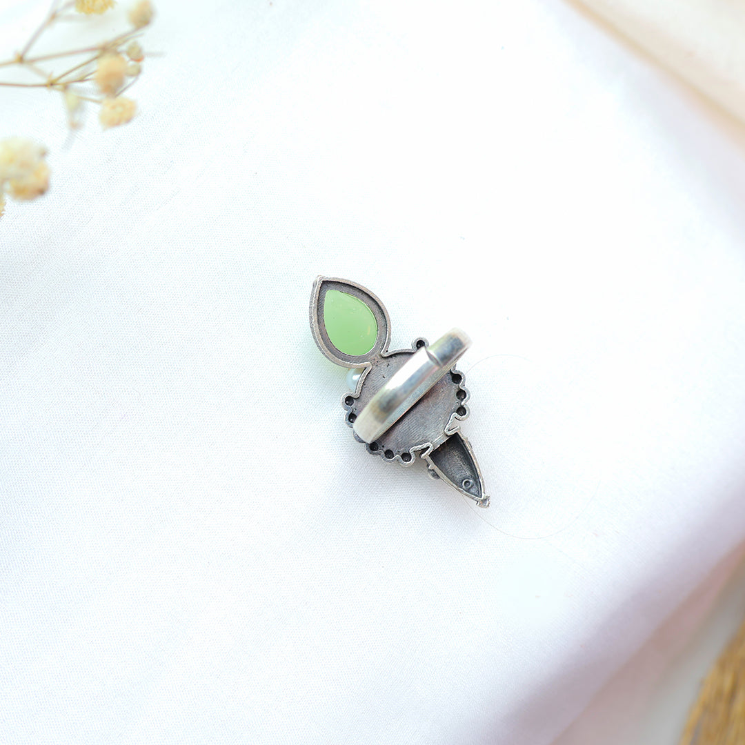 Oxidized Silver Floral Ring with Mint Green Stone