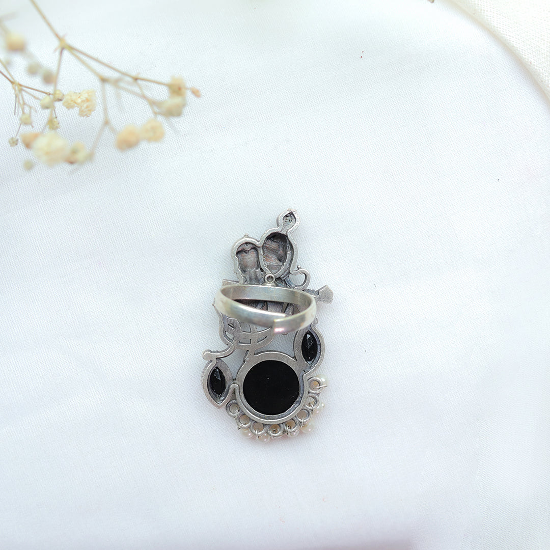 Lord Krishna Flute Design Oxidized Silver Adjustable Ring