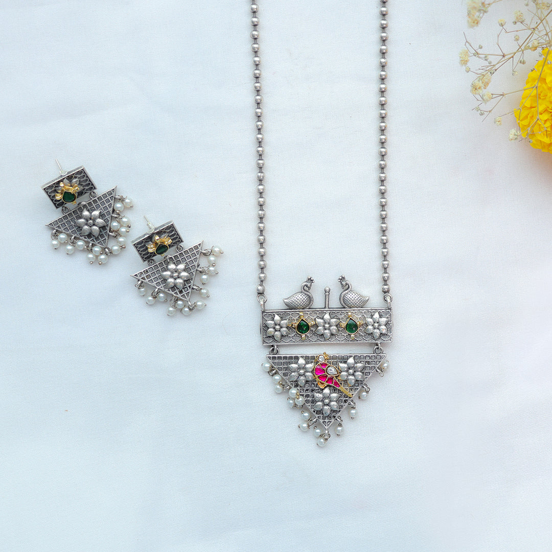 Peacock Motif Oxidized Silver Necklace