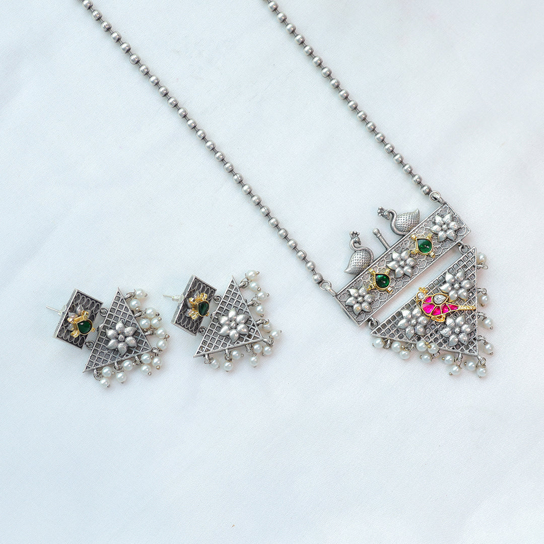 Peacock Motif Oxidized Silver Necklace