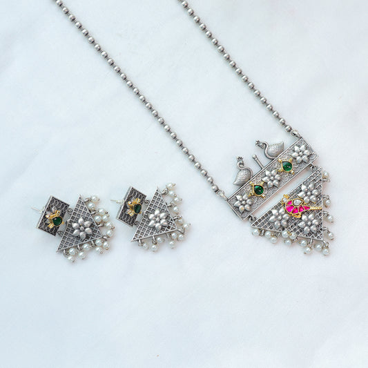 Peacock Motif Oxidized Silver Necklace