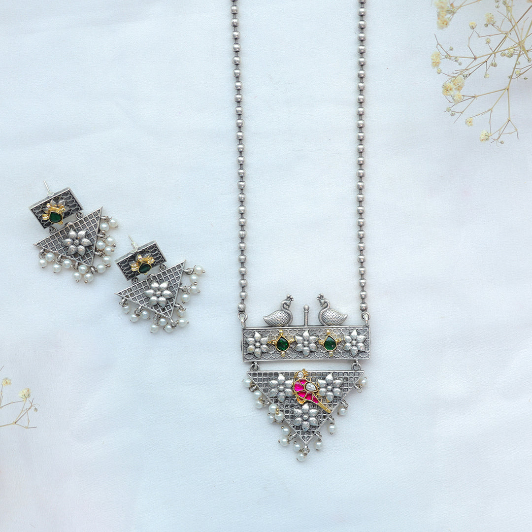 Peacock Motif Oxidized Silver Necklace